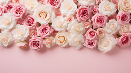 Elegant top view of pink and white roses meticulously arranged on a pink background, offering a captivating and timeless image with copyspace, showcasing the grace of these floral wonders.