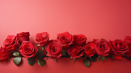 Enchanting display of red roses on a pale red background, offering a captivating and timeless image with copyspace,