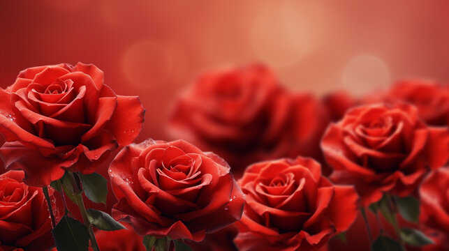 Enchanting display of red roses on a pale red background, offering a captivating and timeless image with copyspace, 
