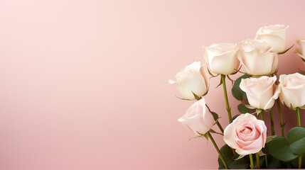 Graceful composition of pink and white roses set against a soft pink background, 