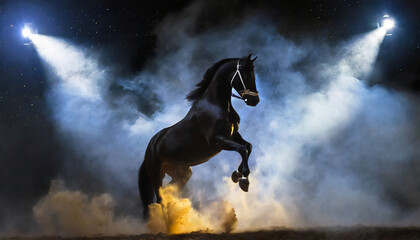 Obraz na płótnie Canvas Czarny koń stający dęba i wynurzający się w świetle z kłębów dymu i kurzu