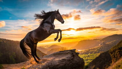 Czarny koń skaczący nad urwiskiem, magiczna godzina, piękne kolory dnia - obrazy, fototapety, plakaty