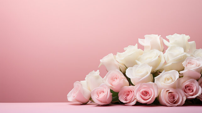 Graceful composition of pink and white roses set against a soft pink background, creating an aesthetically pleasing and feminine image with copyspace, 