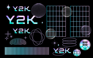 A set of holographic stickers and 3D wireframe shapes. Gradient. Retro y2k stickers. Rave posters and elements and symbols. Social network. Vector stock illustration. Black background. Isolated. Flyer