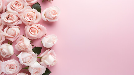 Serene top view of pink and white roses carefully arranged on a pastel pink backdrop, providing a delightful and visually appealing image with copyspace, 