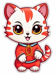 Cartoon sticker sweet kitten dressed in a red Chinese kimono, AI