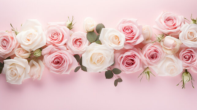 Serene top view of pink and white roses carefully arranged on a pastel pink backdrop, providing a delightful and visually appealing image with copyspace,