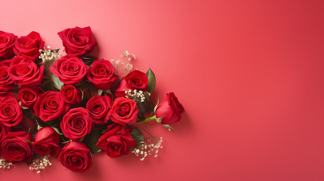 Serene top view of red roses carefully arranged on a pastel red backdrop, providing a delightful and visually appealing image with copyspace