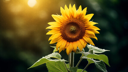 Fototapeta premium Solitary sunflower bathed in natural light, positioned against a backdrop of green leaves, creating a peaceful and aesthetically pleasing image captured in high definition.