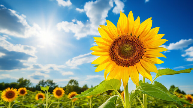 Solitary sunflower elegantly positioned against a natural backdrop, its vibrant colors highlighted by the sunlight, creating a visually pleasing and tranquil image in high definition.