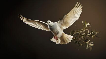 White dove of peace with green olive branch is a symbol of peace and freedom. Stop war and military attack. World peace concept. Flying bird..