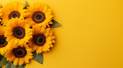 Sunflowers in a beautiful top view arrangement on a bright yellow surface, offering an uplifting...