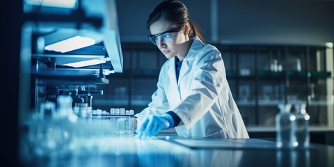 Concentrated female scientist conducting experiments in a high-tech chemical laboratory , concept of Focused researcher