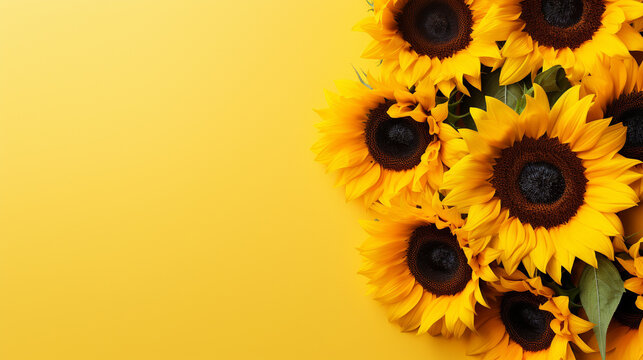 Sunflowers in a beautiful top view arrangement on a radiant yellow surface, offering an uplifting and joyful image with generous copy space,
