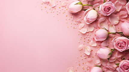 Top view photo of delicate pink peony rose buds and tastefully scattered sprinkles on an isolated pastel pink background, creating an elegant and enchanting composition with copyspace.