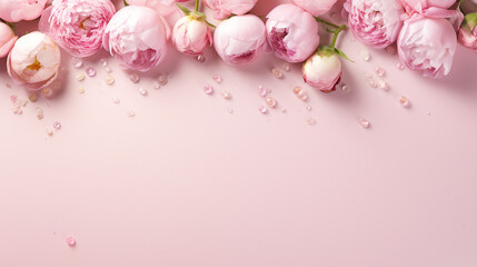 Fototapeta na wymiar Whimsical top view capture of budding pink peony rose buds and artfully arranged sprinkles on a gentle pastel pink surface, providing a delightful and sophisticated image with ample copyspace.