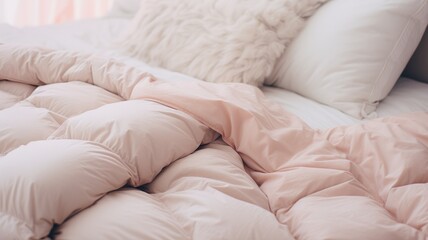 Cozy bed with fluffy pink bedding - obrazy, fototapety, plakaty