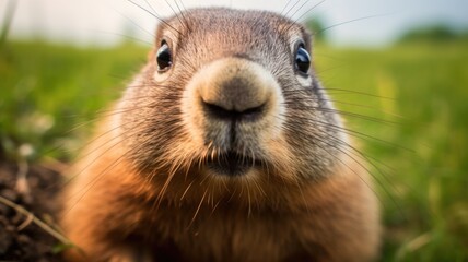 Close-up of a curious groundhog in grass