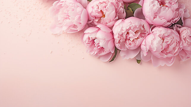 Whimsical top view capture of a bouquet of pink peony roses and artfully arranged sprinkles on a gentle pastel pink surface, providing a delightful and sophisticated image with ample blank space.