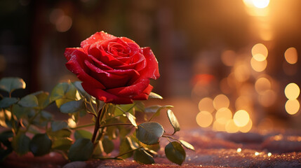 A red rose graces a romantic setting, with soft, warm lighting and subtle bokeh creating an atmosphere of love and tenderness, expertly captured in HD clarity.