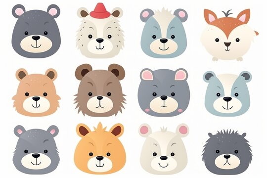 Funny cute bears and animals on a white background, illustration