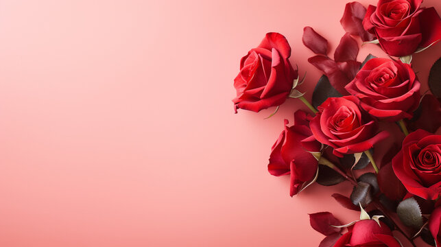 Whimsical top view of red roses on a pastel red background, providing a dreamy and enchanting image with copyspace, capturing the essence of nature's beauty in high definition.