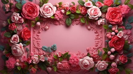 A visually appealing scene featuring a frame made of intricately arranged rose flowers and vibrant green leaves against a gentle pink canvas, radiating natural allure.