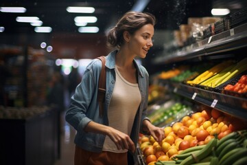 Woman shopping for fresh fruit at grocery store. Healthy food choices.