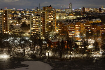 Stockholm, Sweden A residential tower in the Grondal district in night