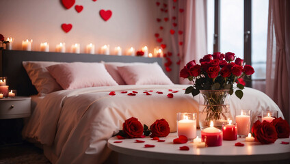 Valentine's Day and bedroom interior Bedroom interior with a king size bed decorated with hearts,...