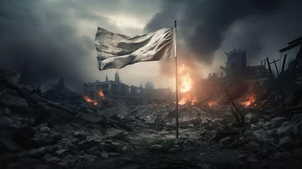 Fotobehang The white flag is a sign of surrender. The army surrenders with a white flag on the background of a destroyed city. Stop war and military attack. © Irina