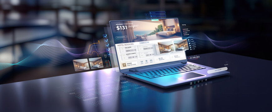 laptop computer screen showing online hotel or resort booking reservation service for vacation and trip stay planner with price and user interface information datum as wide copyspace banner