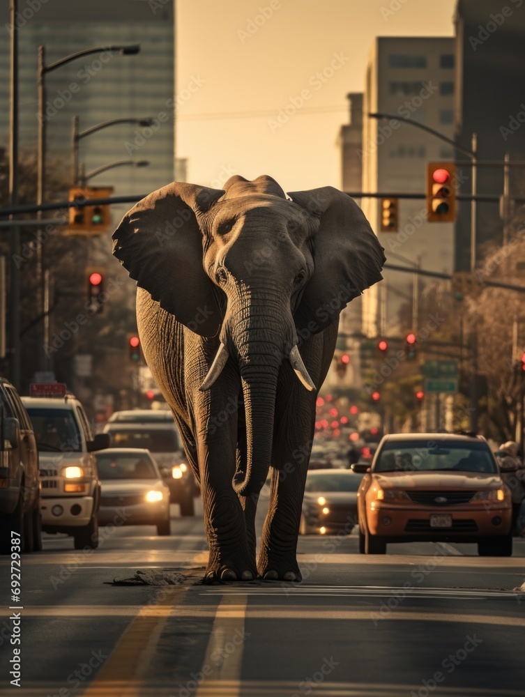 Wall mural A large elephant walking down a busy city street. Generative AI.