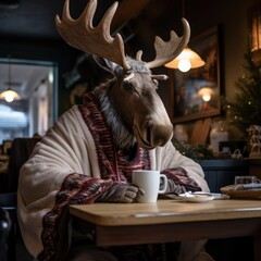 A moose head sitting at a table with a cup of coffee. Generative AI.