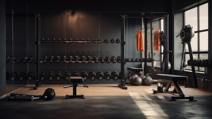Fototapeta na wymiar a modern gym with featuring well-arranged gym equipment and dumbbells, emphasizing a minimalist composition.