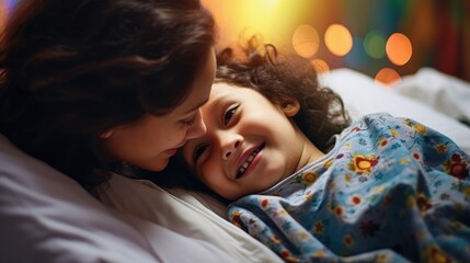A woman and child laying in bed with a smile. Generative AI.