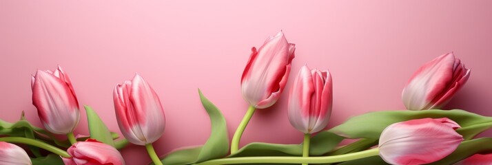 Bouquet of tulips isolated on a pink background, concept of spring and women's holiday March 8, birthday, banner