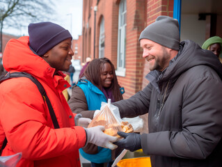 Humanitarian aid Charity workers serve meals to people in need, the concept of giving.