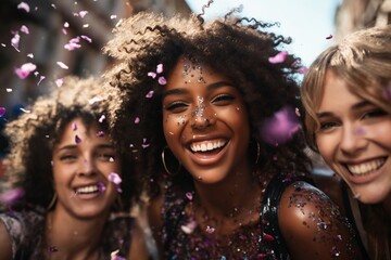 portrait of a young happy girl together in city street, joyful emotions, happy faces