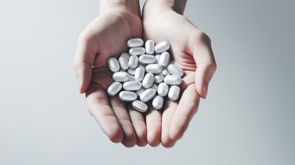 Hands holding a lot of pills, pill overdose on a white background, light silver and light gray...