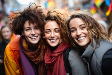 portrait of a girl at a gay pride parade, happy and joyful emotions with friends, LGBT concept