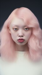 A stunning Asian woman with vibrant pink hair and a white top radiates beauty and confidence in this fine art portrait. Generative AI.
