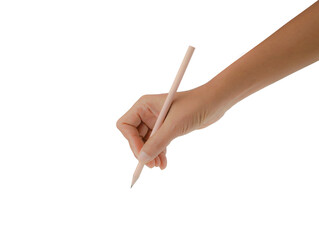 Hand holding pencil isolated on transparent.