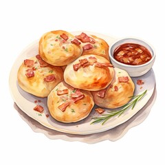 Obraz na płótnie Canvas Delicious Latvian Piragi Baconfilled Bread Rolls on White Background AI Generated