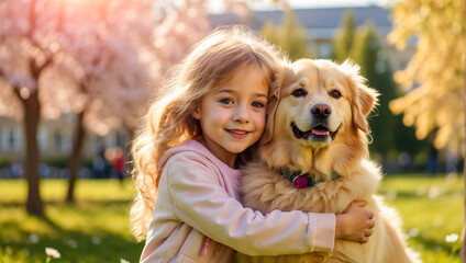 portrait of a  friendship little girl hugging a big dog on the lawn, sun