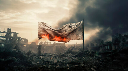 The white flag is a sign of surrender. The army surrenders with a white flag on the background of a destroyed city. Stop war and military attack. - obrazy, fototapety, plakaty