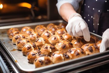 Baker skillfully inserting hot cross buns into the oven's warm interior - obrazy, fototapety, plakaty