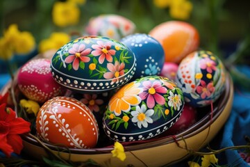 A vibrant and festive scene with multicolored Easter eggs resting in a basket, surrounded by the vibrant colors of spring flowers