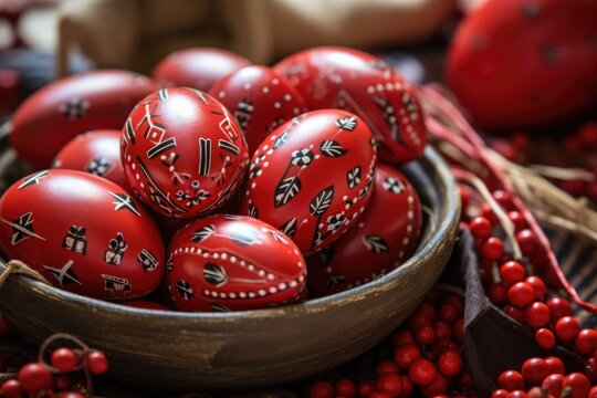 Classic decoration on red Easter eggs
