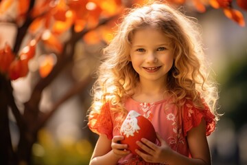 Child in a floral dress with an Easter egg outdoors